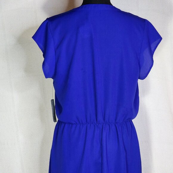 Sweet Rain Blue SS V Neck Poly Silver Button Shoulder Peplum Midi Dress Jr Sz L - Picture 14 of 16